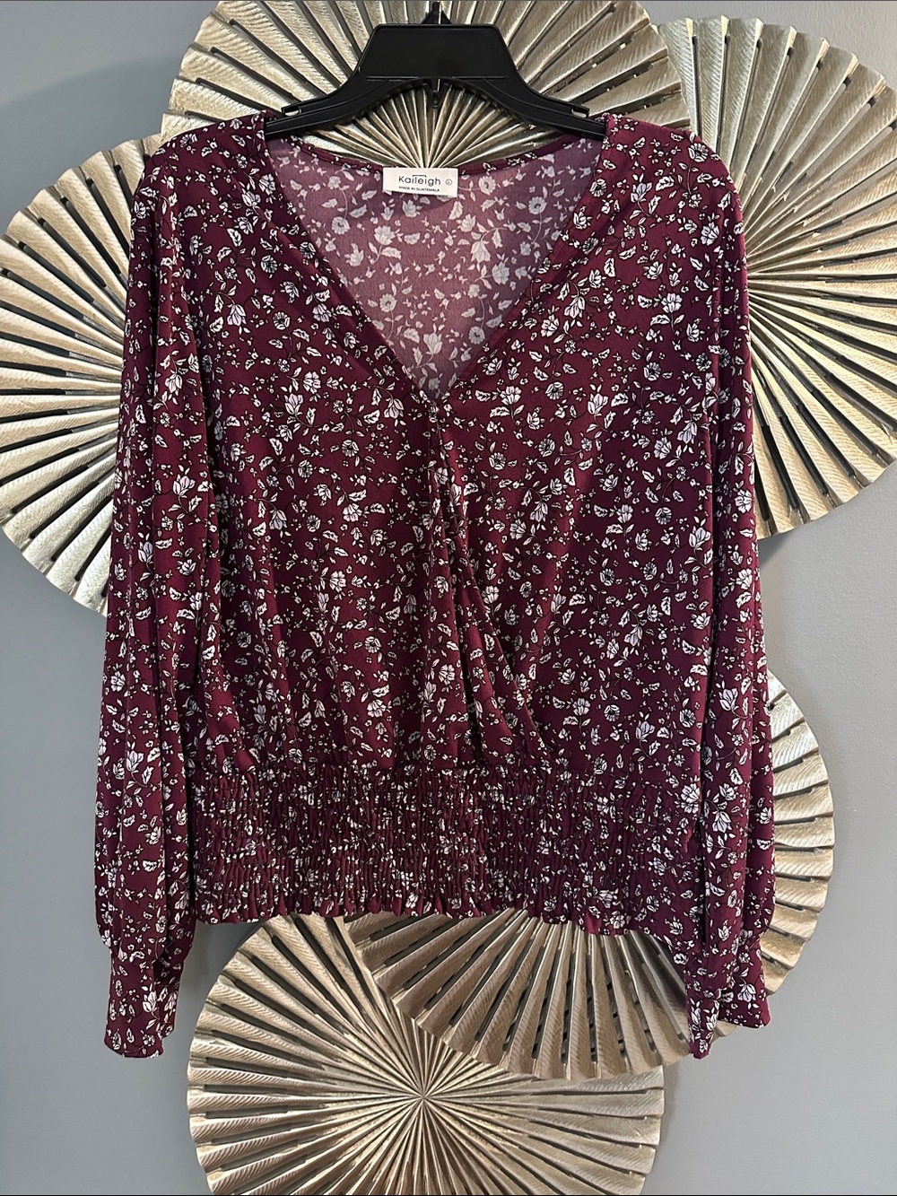 Kaileigh Burgundy Floral V-Neck Long Sleeve Blouse